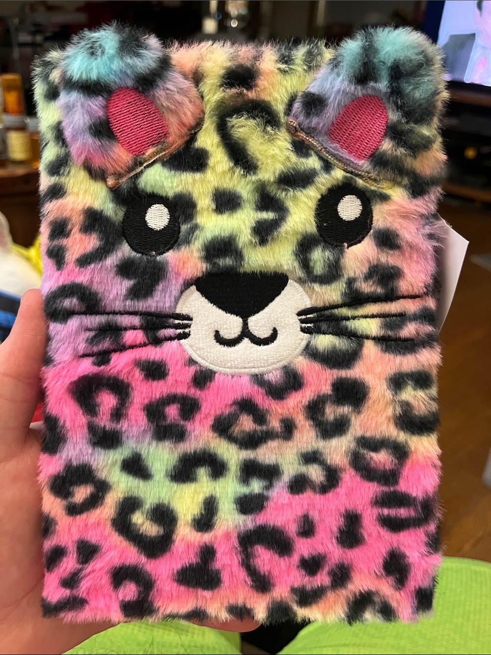 Fuzzy Multicolor Leopard Kids Notebook Cover with Cat Face